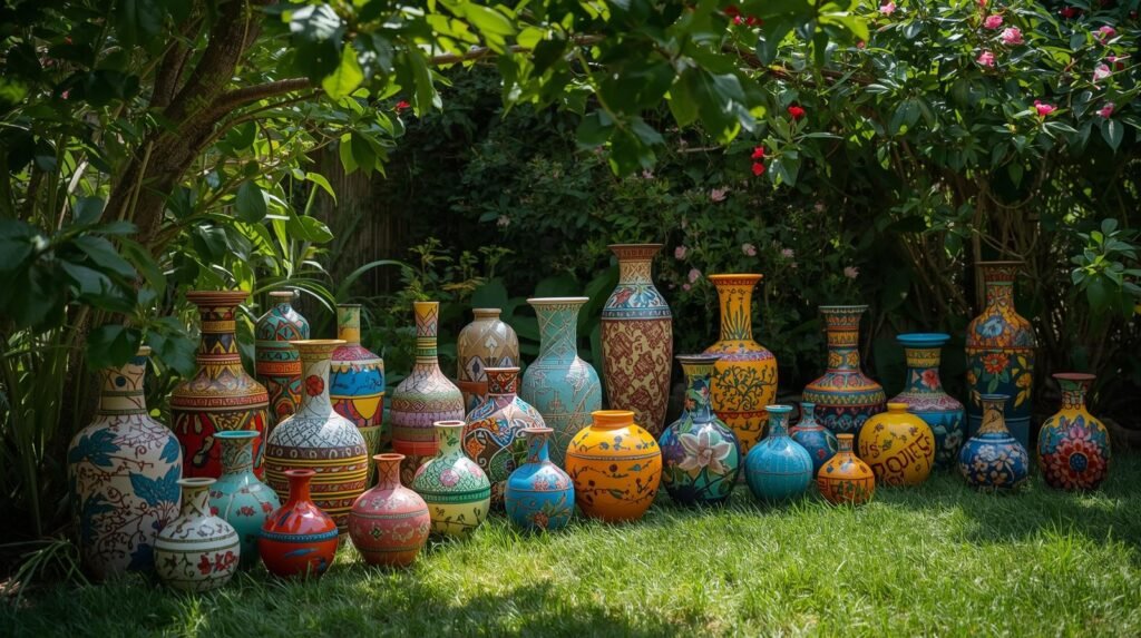 Vasos Coloridos na Decoração Verde do Quintal